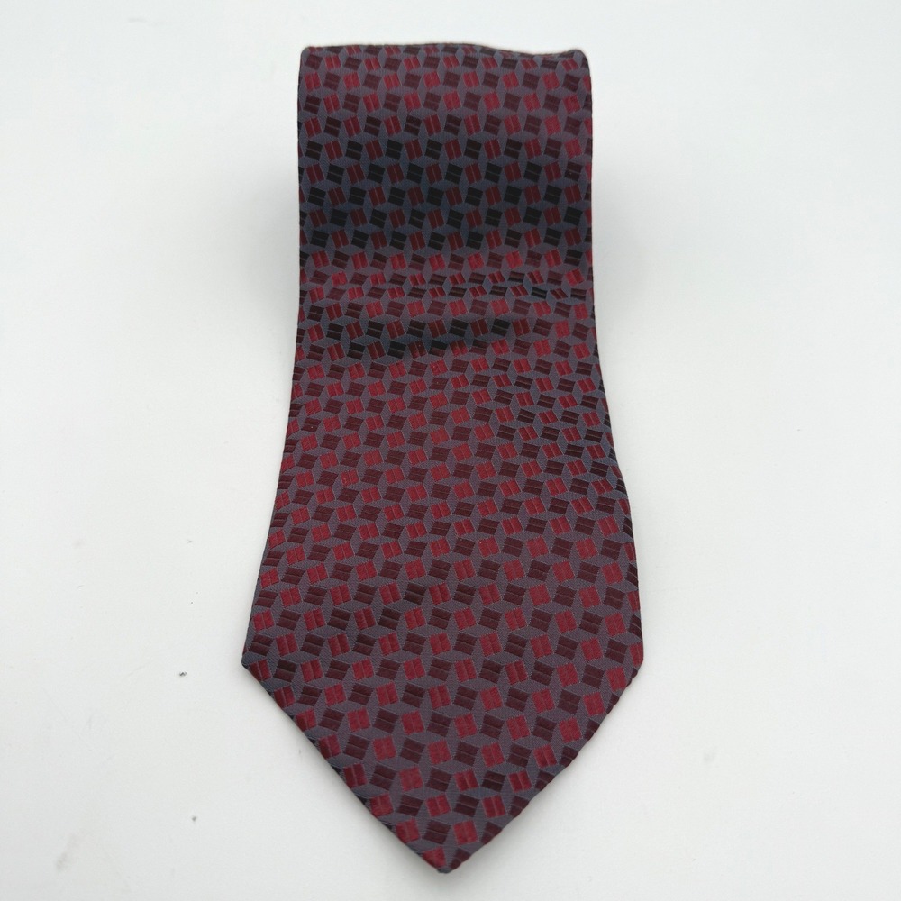 Geoffrey Beene Mens Silk Tie Red Burgundy Geometric Pattern Made in Italy EUC